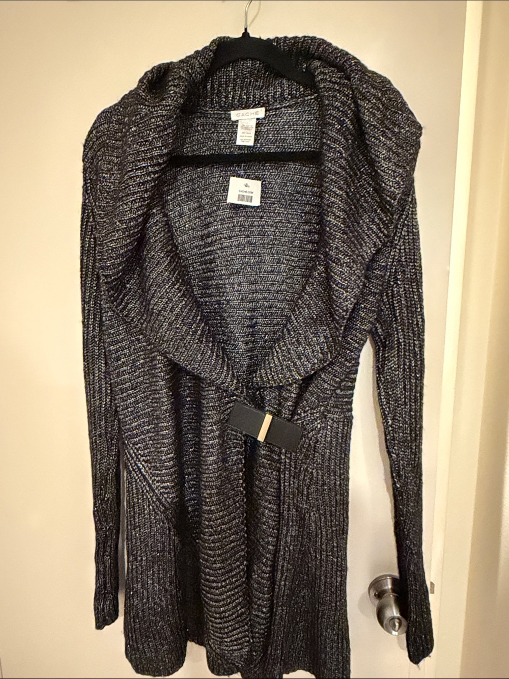 Cache Black and Metallic Ribbed Open-Front Shawl Cardigan